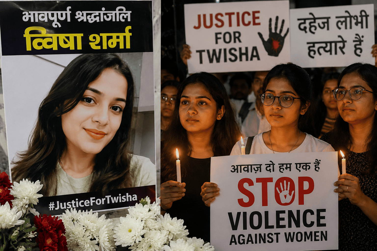 नोएडा की त्विषा शर्मा को श्रद्धांजलि देते हुए कैंडल मार्च का दृश्य, हाथों में मोमबत्तियां और “Justice For Twisha” तथा “Stop Violence Against Women” लिखे पोस्टर लिए युवा महिलाएं घरेलू हिंसा के खिलाफ विरोध प्रदर्शन करती हुईं।फोटो AI ChatGPT